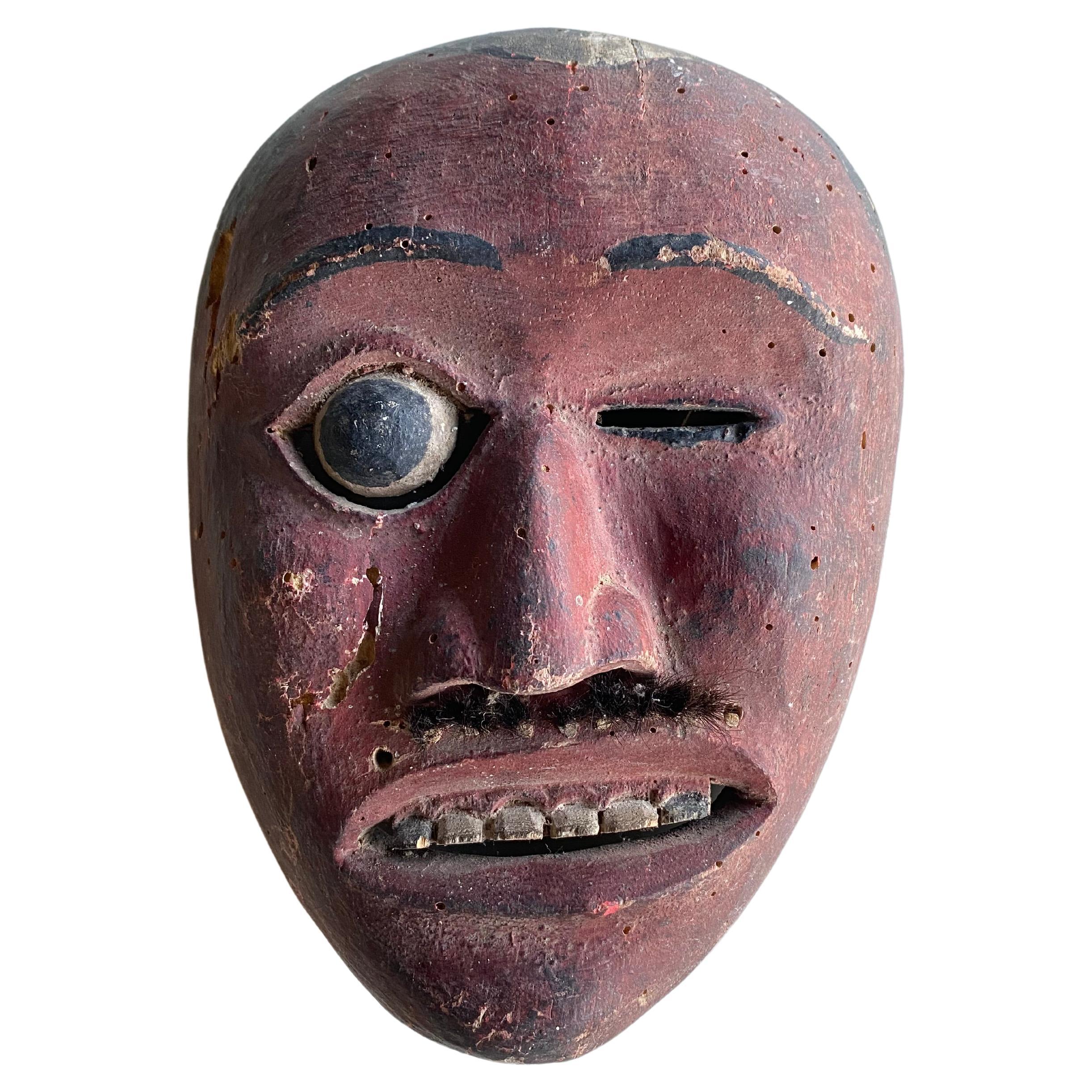 Antique Carved Wooden Tribal Mask with Original Painting, Borneo For