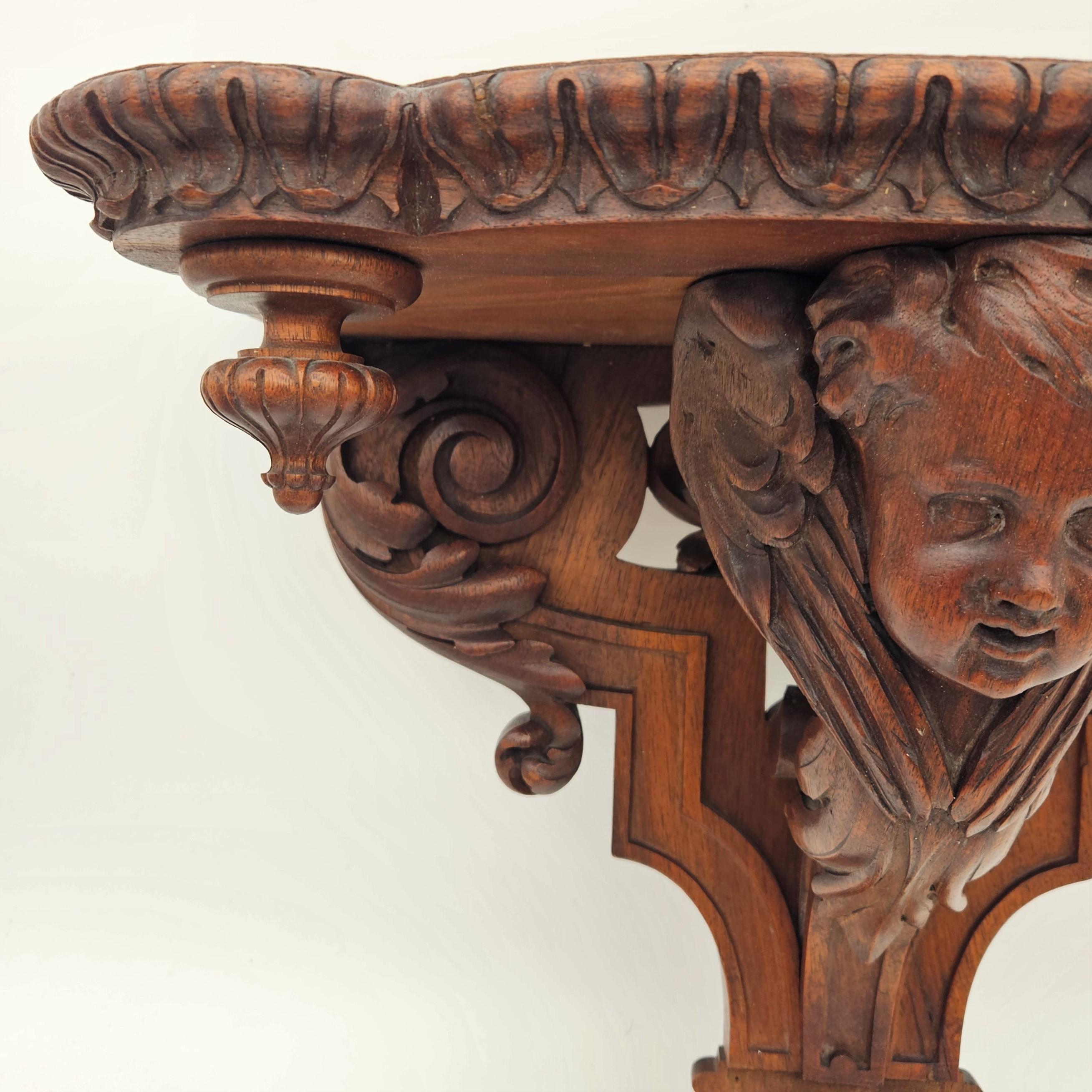 Victorian Antique Carved Wooden Wall Console with Angel. 1850 - 1880 For Sale