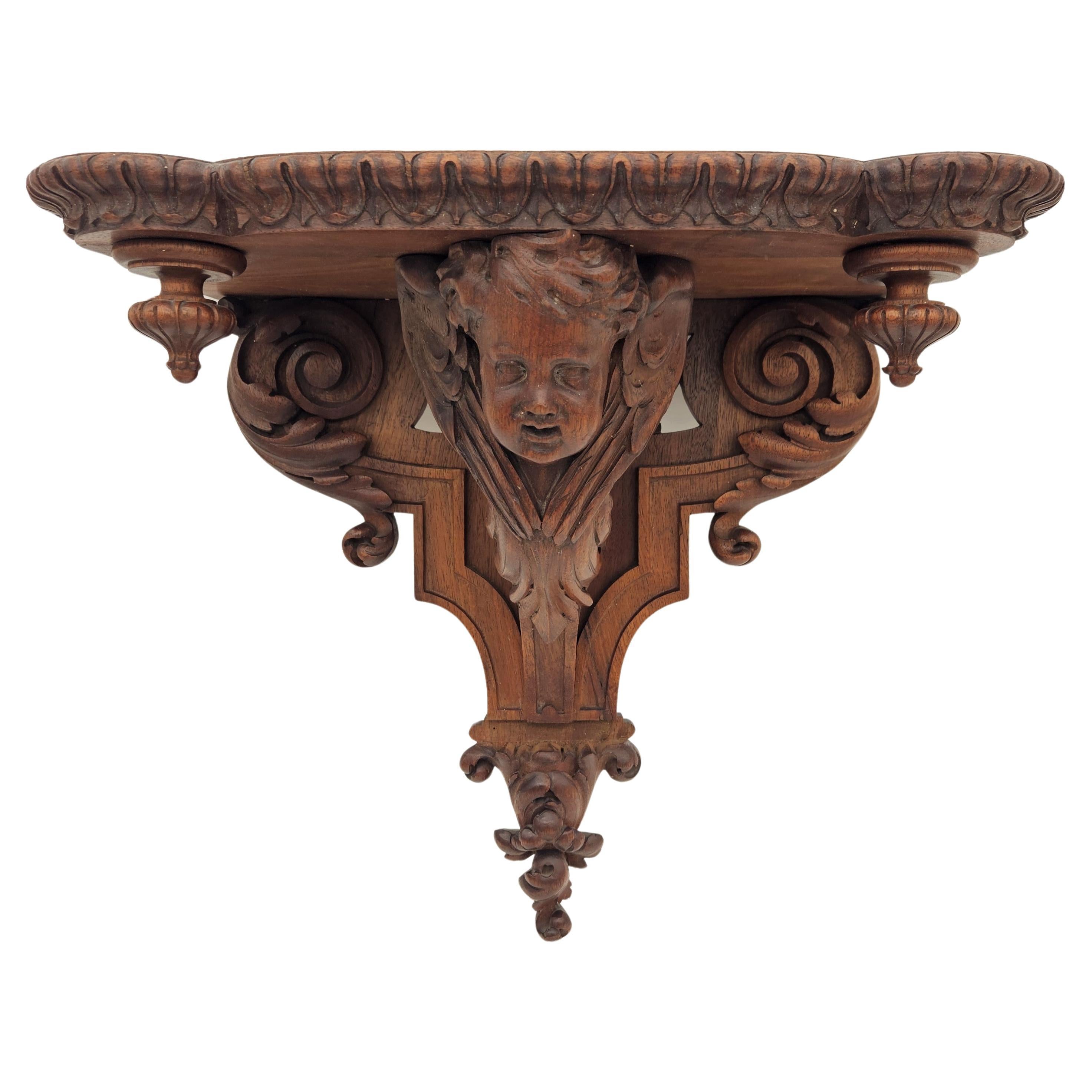 Antique Carved Wooden Wall Console with Angel. 1850 - 1880