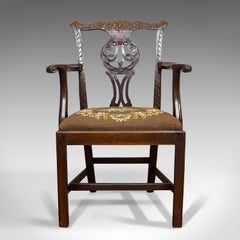 Antique Carver Chair, English, Mahogany, Needlepoint, Elbow, Chippendale Style