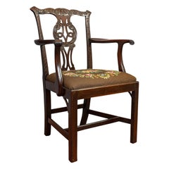 Antique Carver Chair, English, Mahogany, Needlepoint, Elbow, Chippendale Style