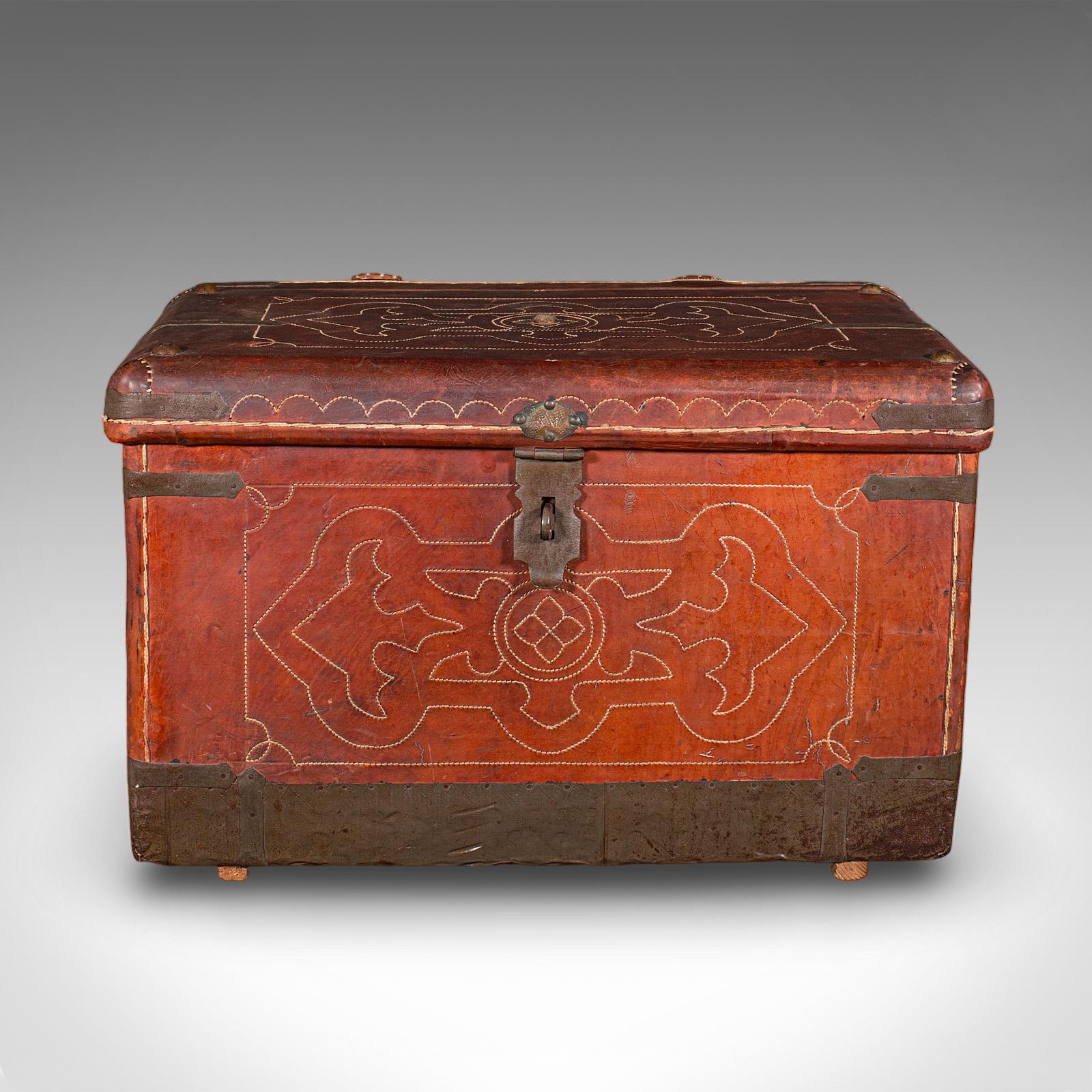 North African Antique Casablanca Travel Trunk, African, Leather, Portmanteau Case, Edwardian For Sale