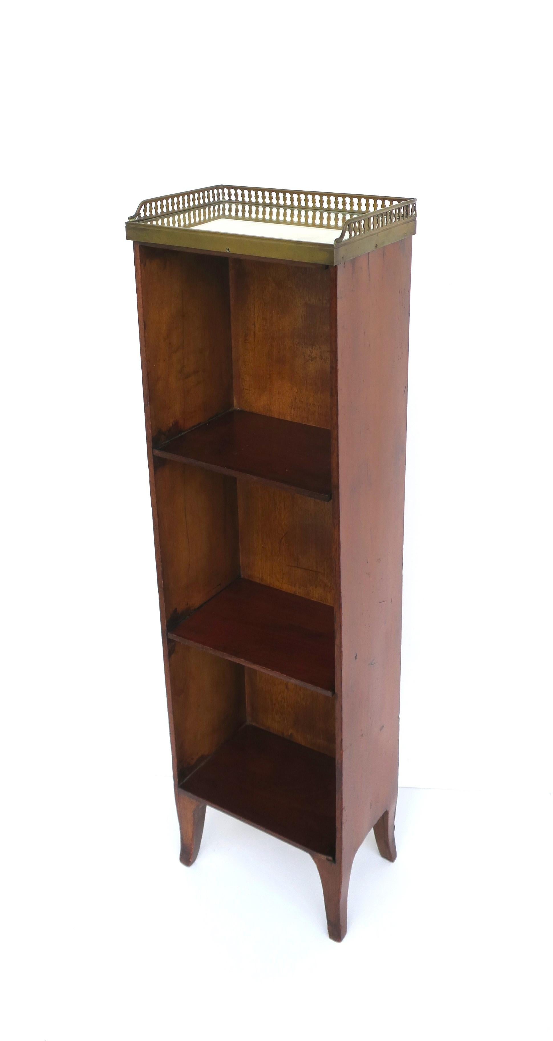 Elegante caja antigua con estante superior de cristal y baldas de almacenamiento, hacia principios del siglo XX, Europa. La pieza incluye tres estantes de almacenamiento y un estante superior con base de cristal protector y galería de latón. La