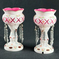 Cased Cranberry Glass Cut to Clear & Hand Painted Mantel Lustres, circa 1890