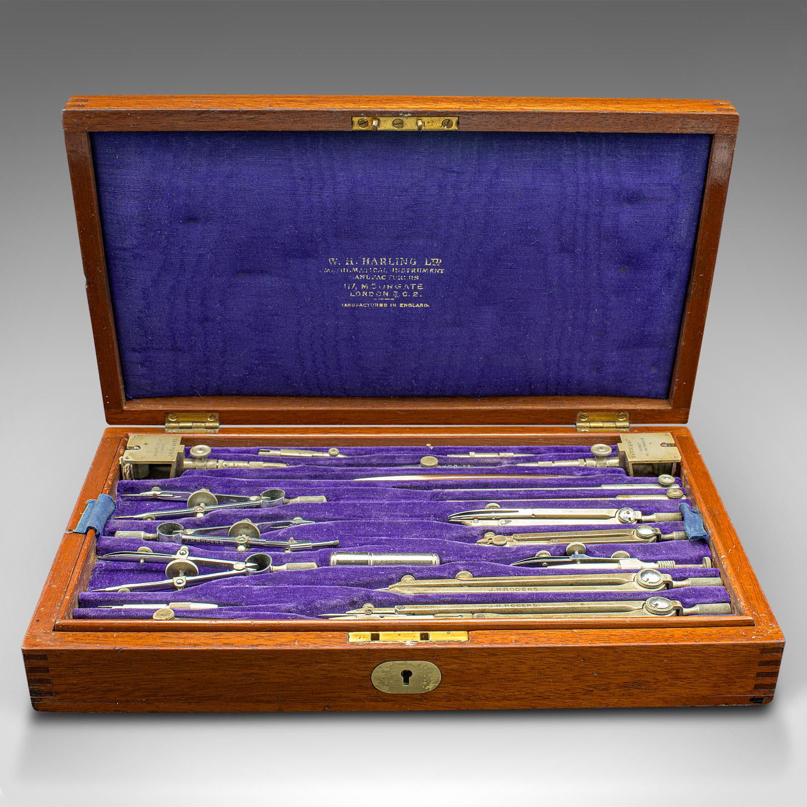British Antique Cased Draughtsman's Set, English, Drawing Tools, WH Harling, Edwardian For Sale