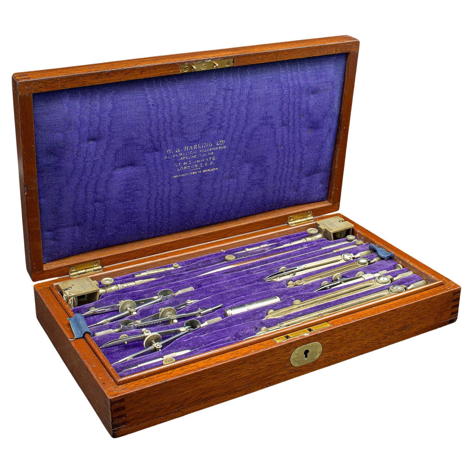 Antique Cased Draughtsman's Set, English, Drawing Tools, WH Harling, Edwardian For Sale