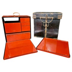 Antique Cased Japanese Lacquer Sage Jubako Picnic Set, 14 Pieces