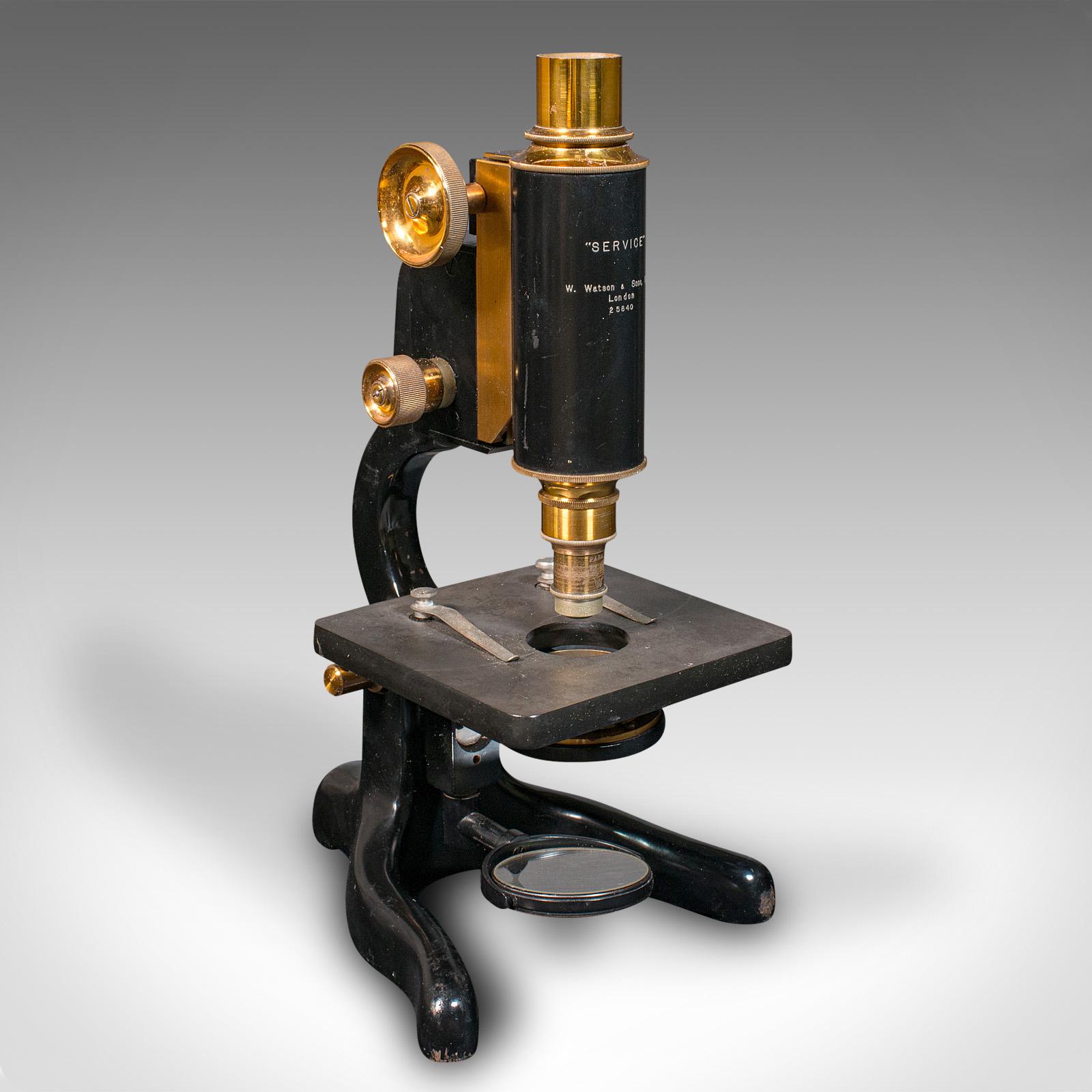 This is an antique cased microscope. An English, enamelled metal and brass scientific instrument by W. Watson of London, dating to the early 20th century, circa 1920.

Attractive and appealing scientific instrument, of good quality
Displays a