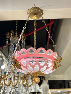 Antique Cased Pink Cut to White and Clear Glass and Bronze Chandelier