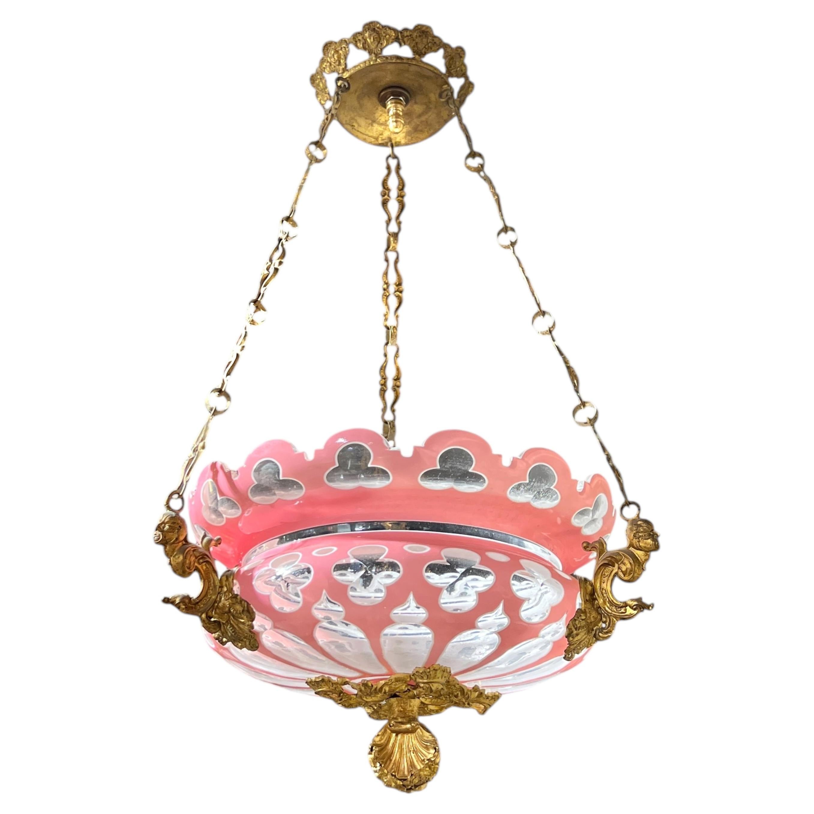 Antique Cased Pink Cut to White and Clear Glass and Bronze Chandelier
