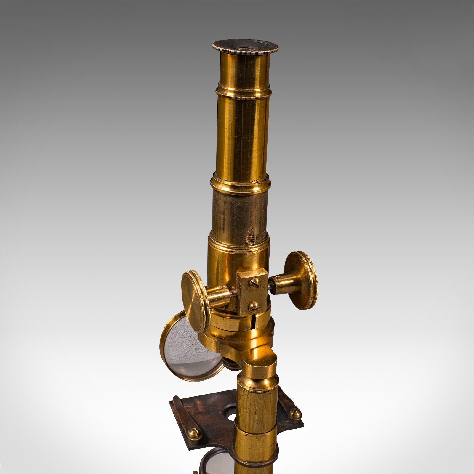 Antique Cased Scholar's Microscope, English, Brass Scientific Instrument, C.1920 For Sale 5