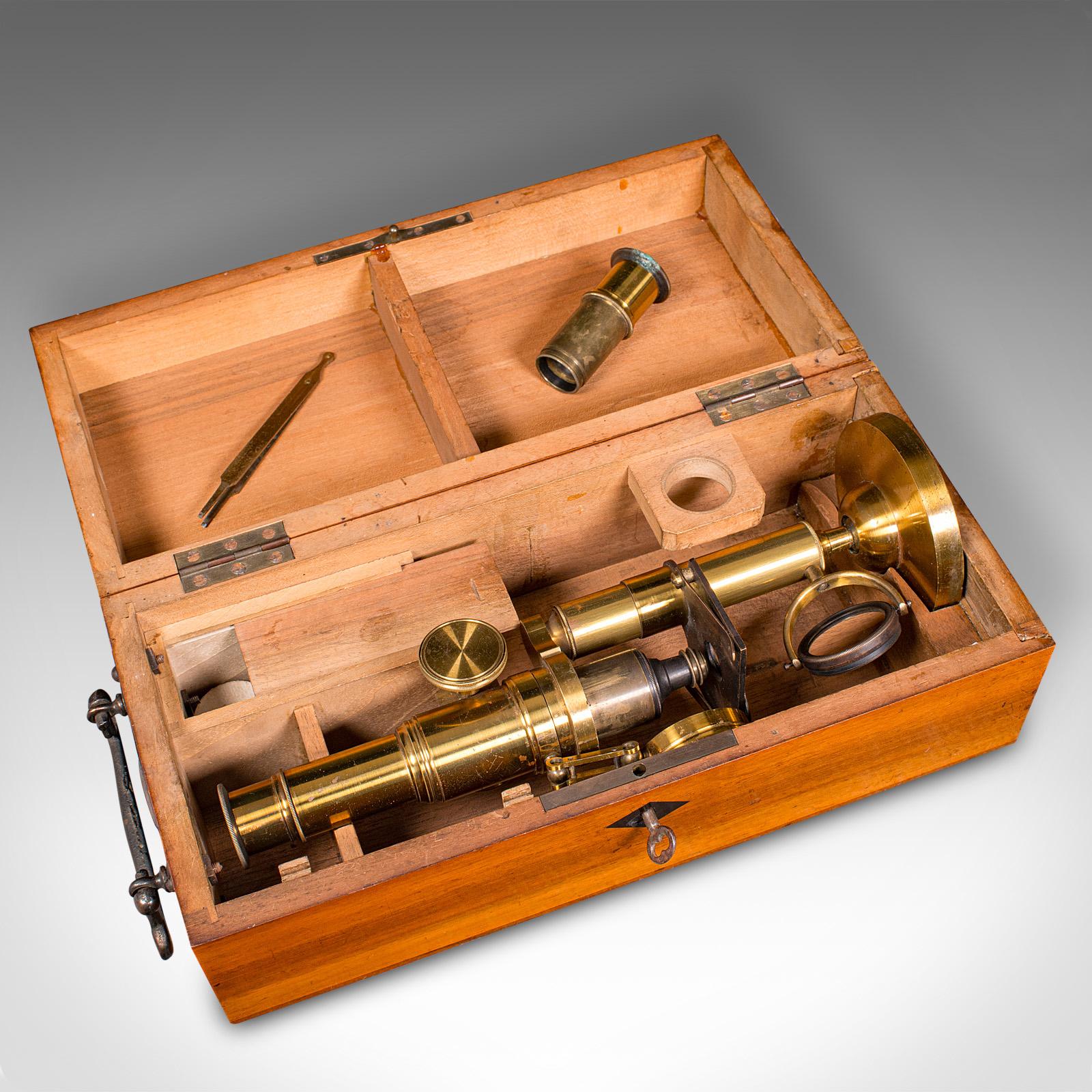 Antique Cased Scholar's Microscope, English, Brass Scientific Instrument, C.1920 For Sale 6
