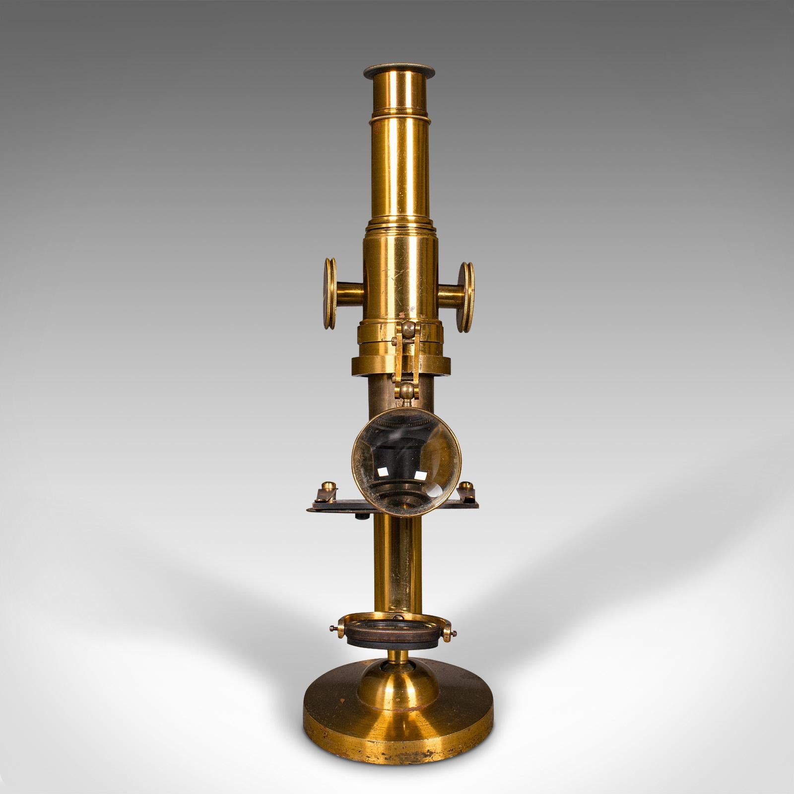 Mid-Century Modern Antique Cased Scholar's Microscope, English, Brass Scientific Instrument, C.1920 For Sale