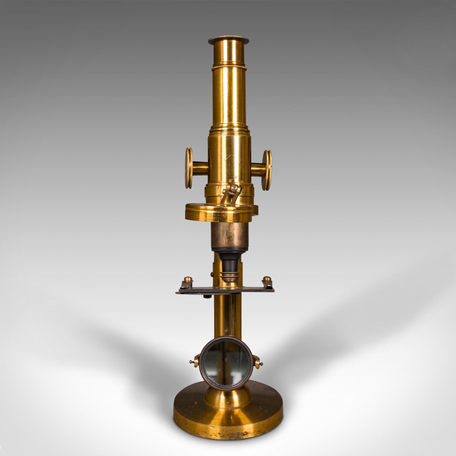 British Antique Cased Scholar's Microscope, English, Brass Scientific Instrument, C.1920 For Sale