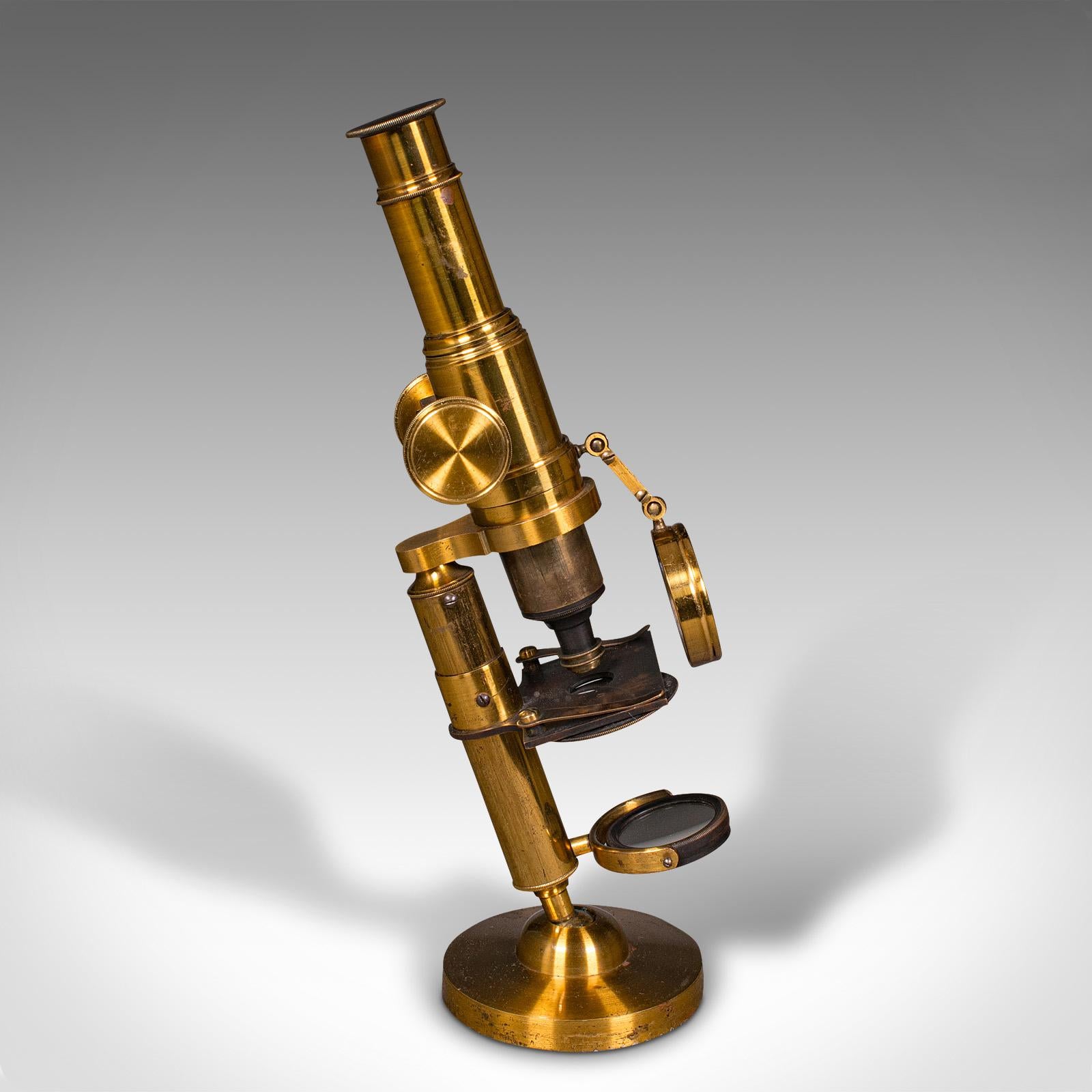 Antique Cased Scholar's Microscope, English, Brass Scientific Instrument, C.1920 In Good Condition For Sale In Hele, Devon, GB