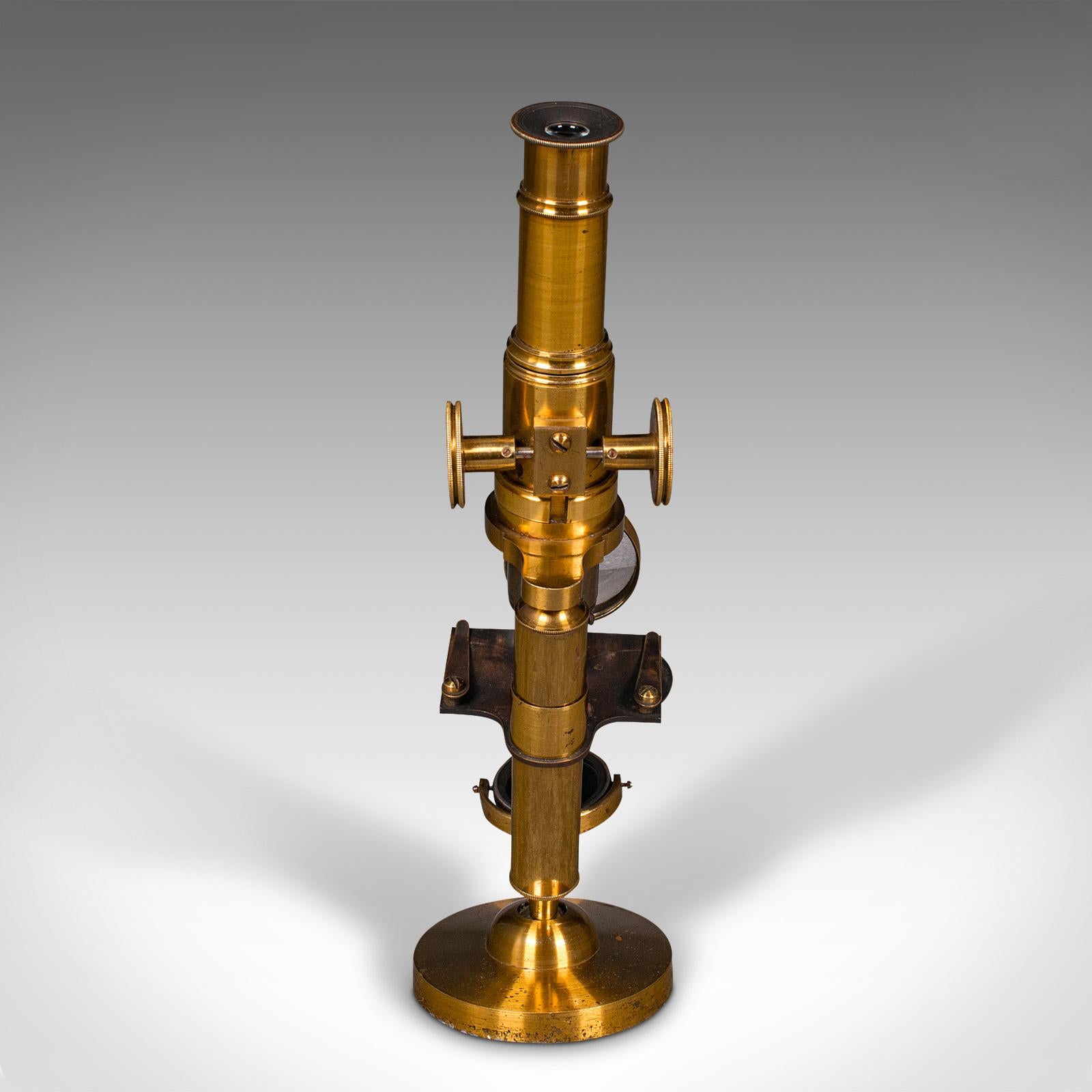 20th Century Antique Cased Scholar's Microscope, English, Brass Scientific Instrument, C.1920 For Sale