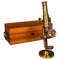 Antikes Mikroskop eines Gelehrten mit Gehäuse, englisch, Messing, wissenschaftliches Instrument aus Messing, um 1920