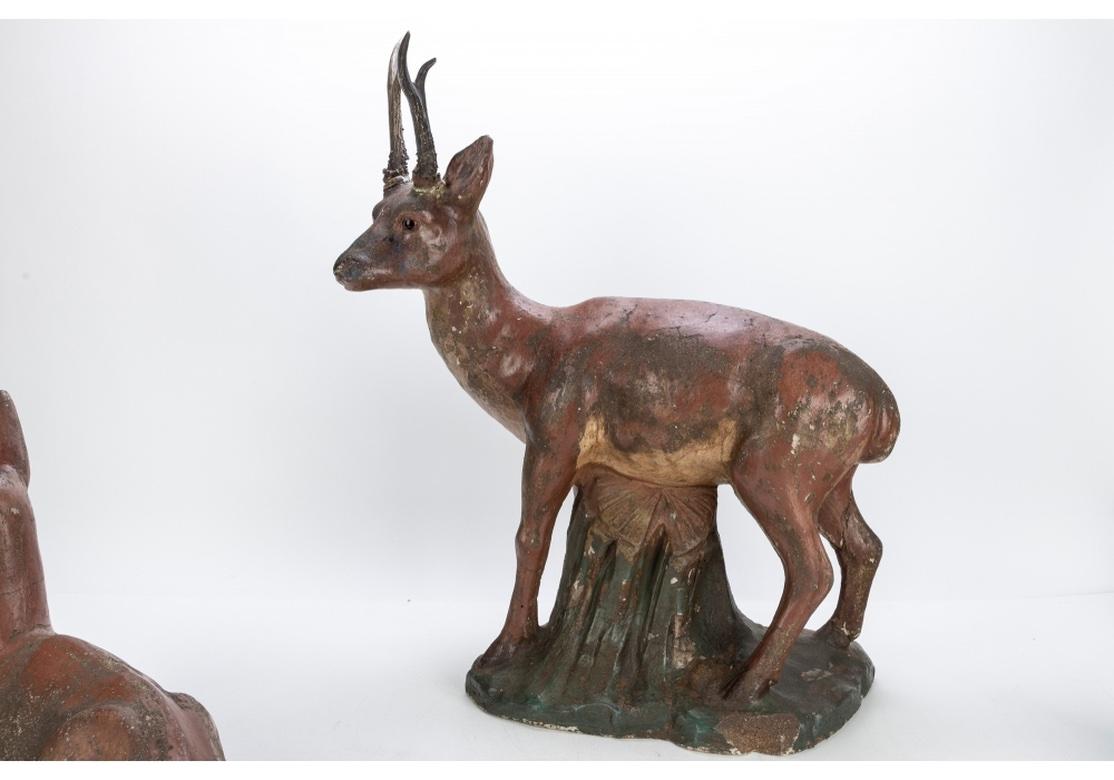 Antique Cast And Painted Cement Deer And Doe Garden Sculptures In Distressed Condition In Bridgeport, CT