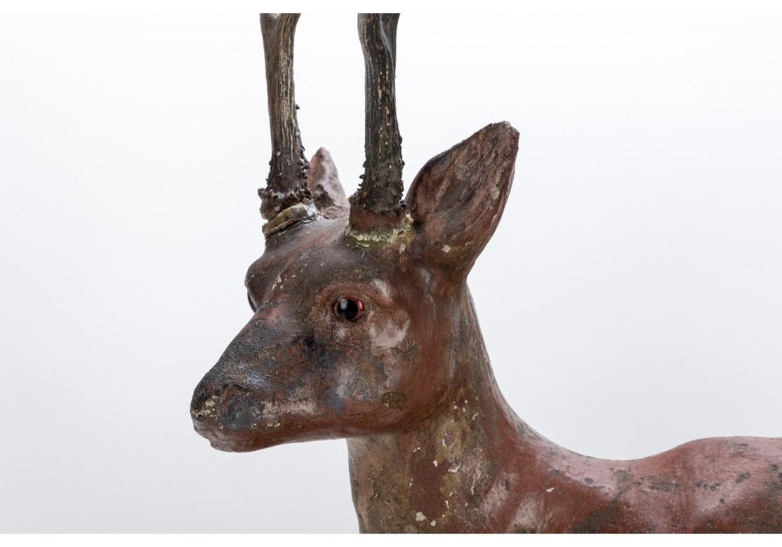 Antique Cast And Painted Cement Deer And Doe Garden Sculptures 3