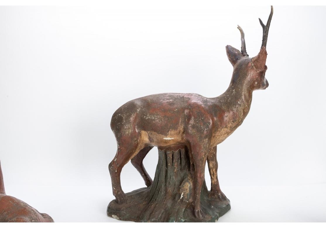Antique Cast And Painted Cement Deer And Doe Garden Sculptures 4