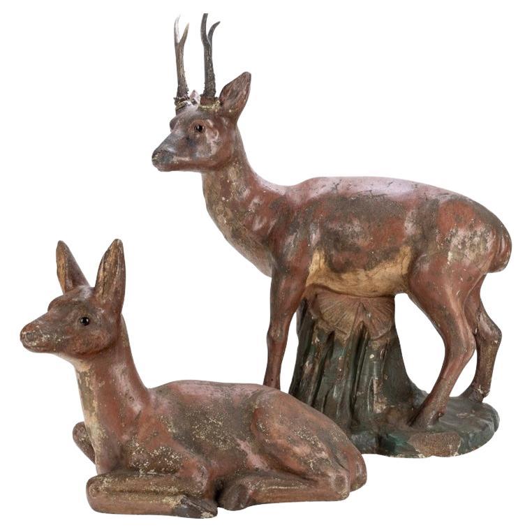Antique Cast And Painted Cement Deer And Doe Garden Sculptures