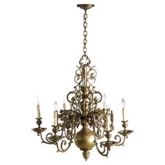 Lampadario a 6 bracci in ottone fuso antico Dettagli floreali