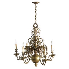 Used Cast Brass 6 Arm Chandelier Floral Details