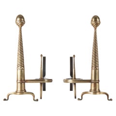 Antique Cast Brass Andirons with Twisted Spiral Columns and Scrolls, circa 1900