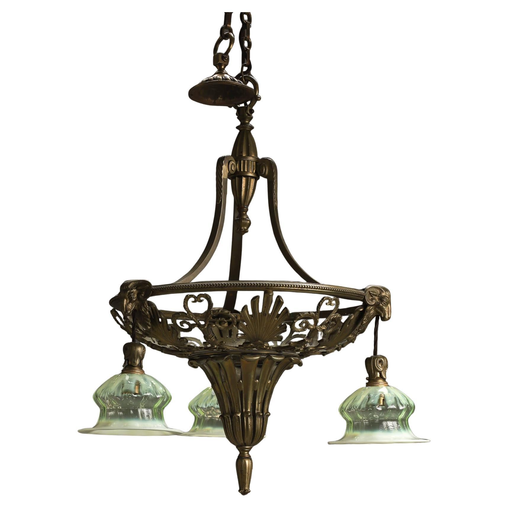 Antique Cast Brass GEC Chandelier Vaseline Shades Rams Head 1930's For Sale