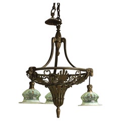 Antique Cast Brass GEC Chandelier Vaseline Shades Rams Head 1930's