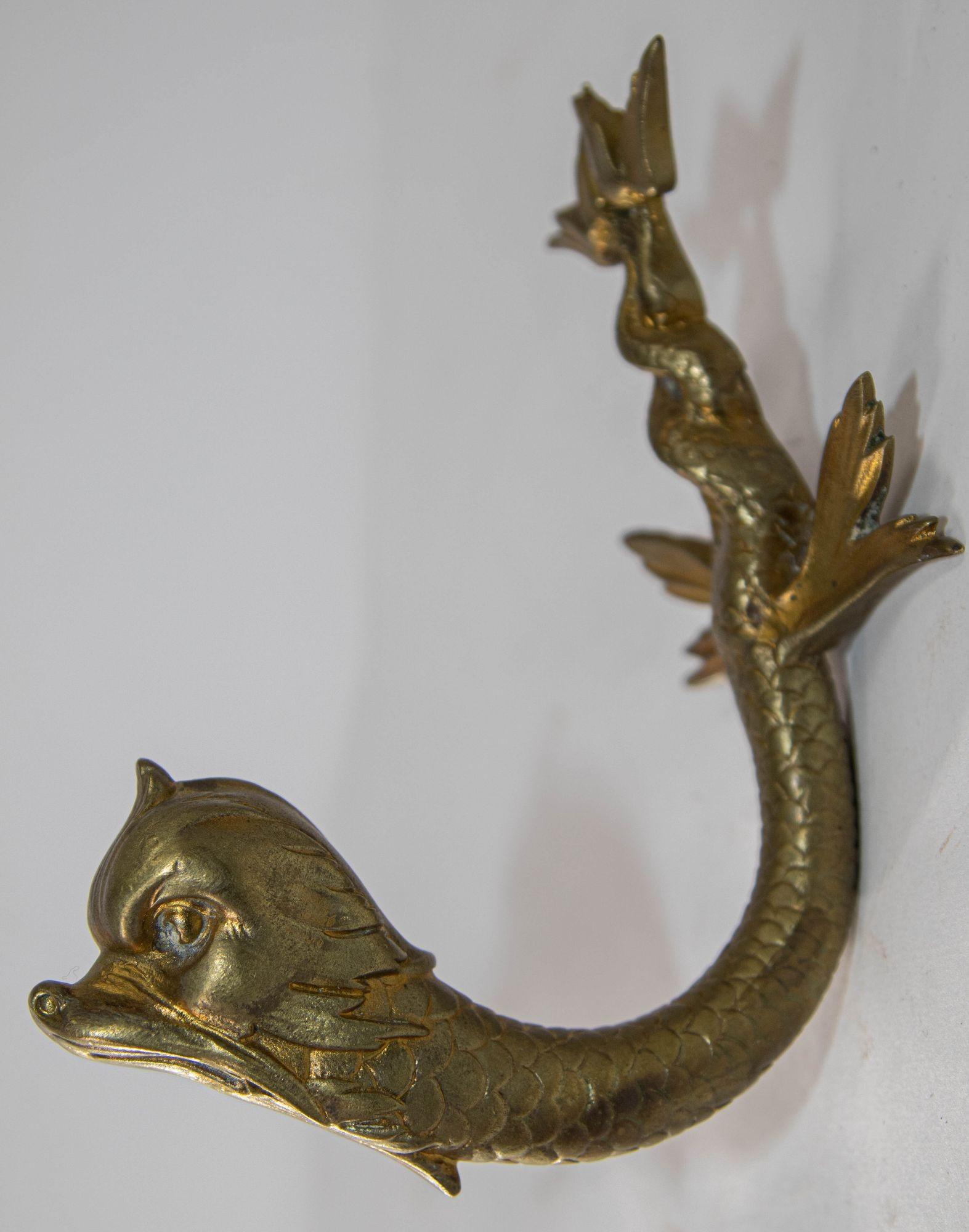 Antique Cast Brass Maltese Dolphin Fish or Asian Koi Wall Bracket Coat Hat Hook For Sale 9