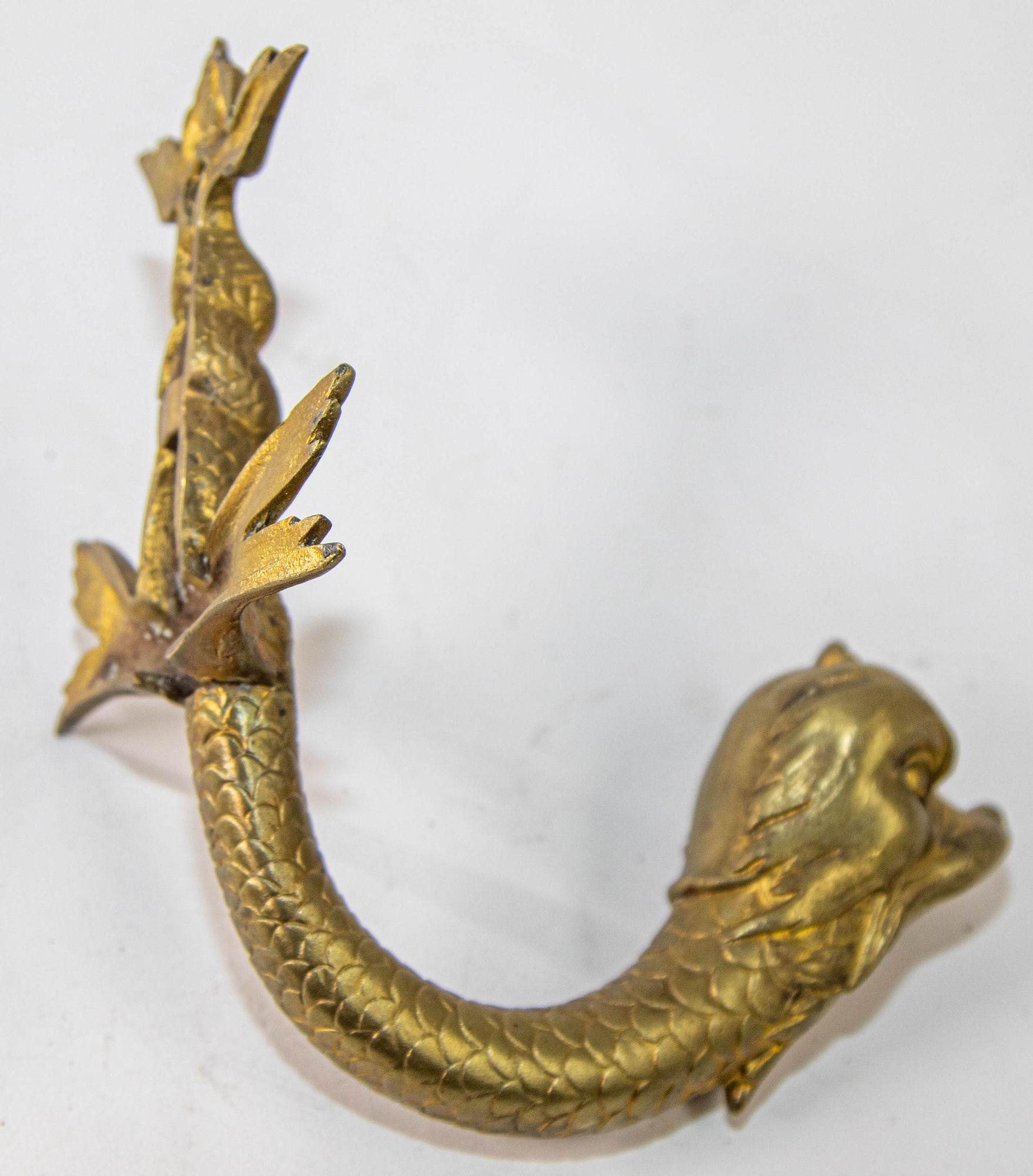 Antique Cast Brass Maltese Dolphin Fish or Asian Koi Wall Bracket Coat Hat Hook For Sale 9