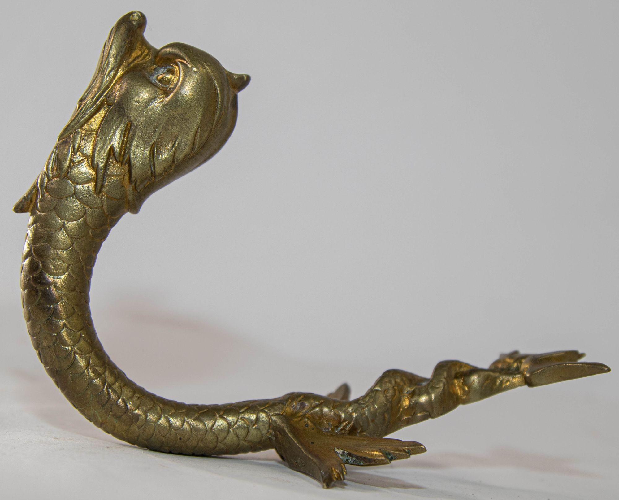 Antique Cast Brass Maltese Dolphin Fish or Asian Koi Wall Bracket Coat Hat Hook For Sale 10
