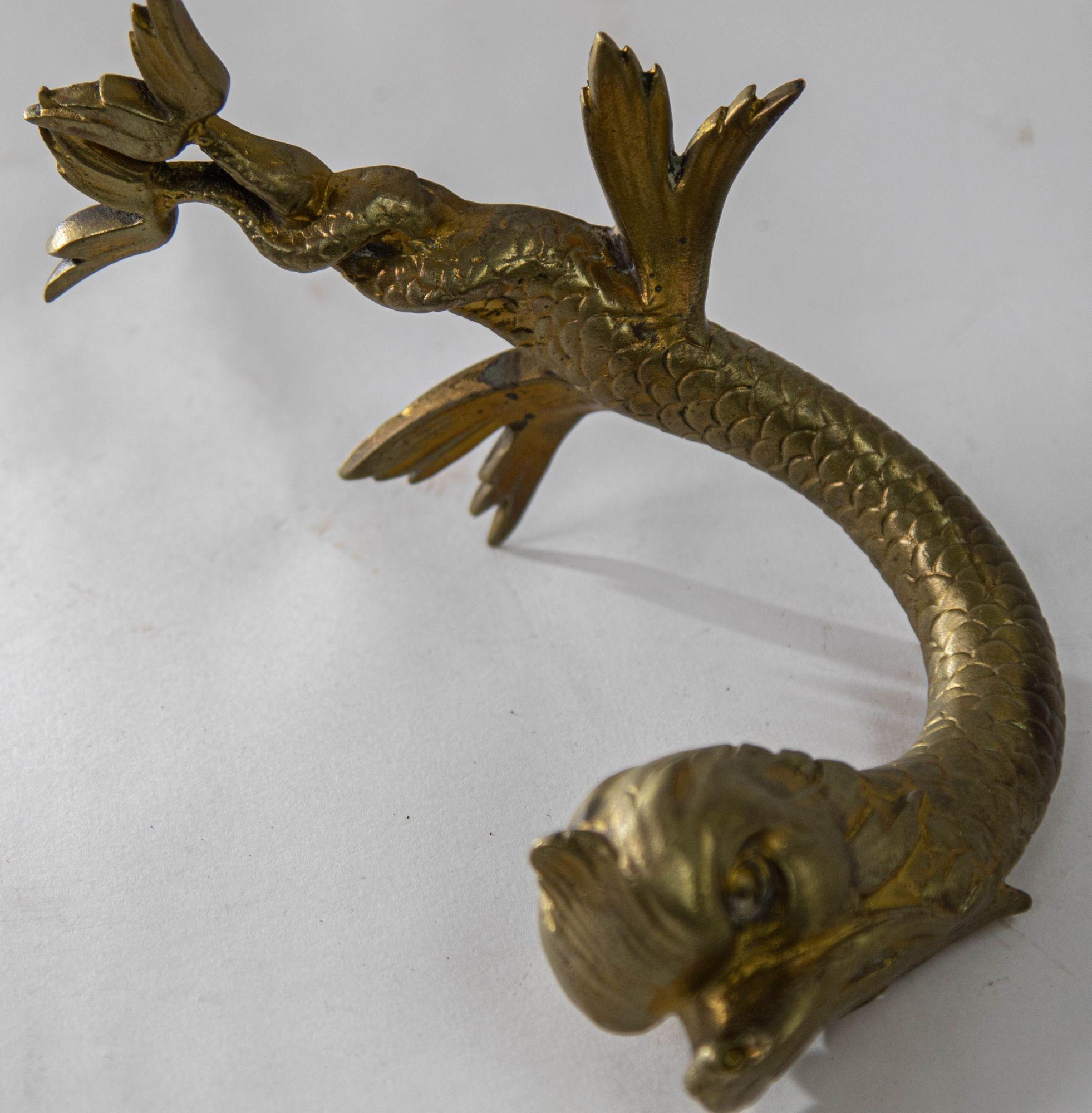 Neoclassical Antique Cast Brass Maltese Dolphin Fish or Asian Koi Wall Bracket Coat Hat Hook For Sale