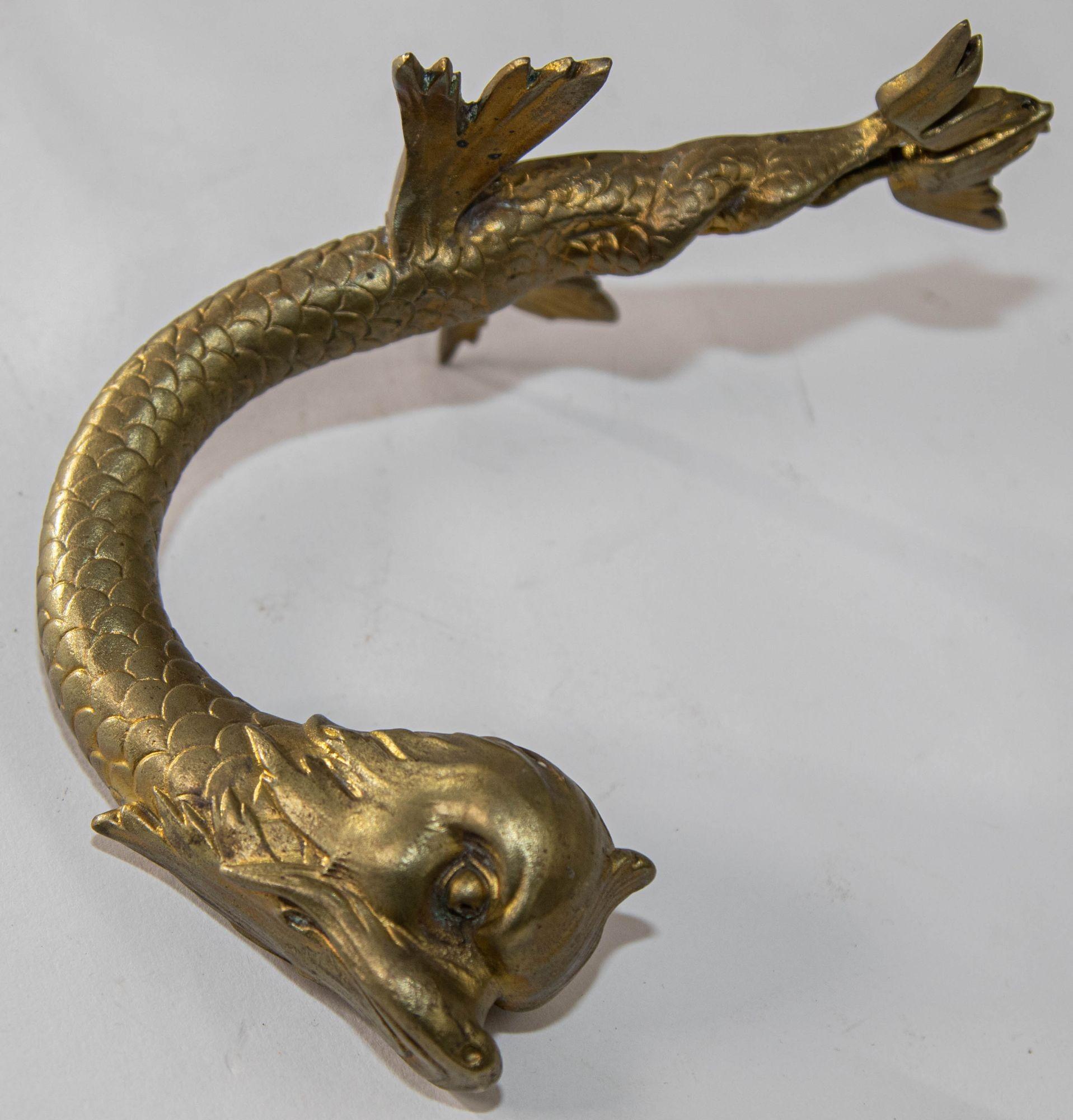 Neoclassical Antique Cast Brass Maltese Dolphin Fish or Asian Koi Wall Bracket Coat Hat Hook For Sale