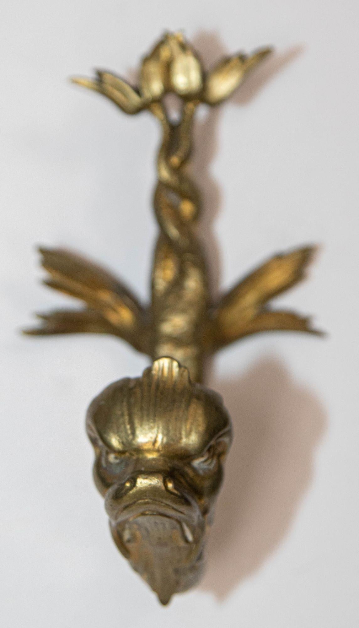 Antique Cast Brass Maltese Dolphin Fish or Asian Koi Wall Bracket Coat Hat Hook In Good Condition For Sale In North Hollywood, CA