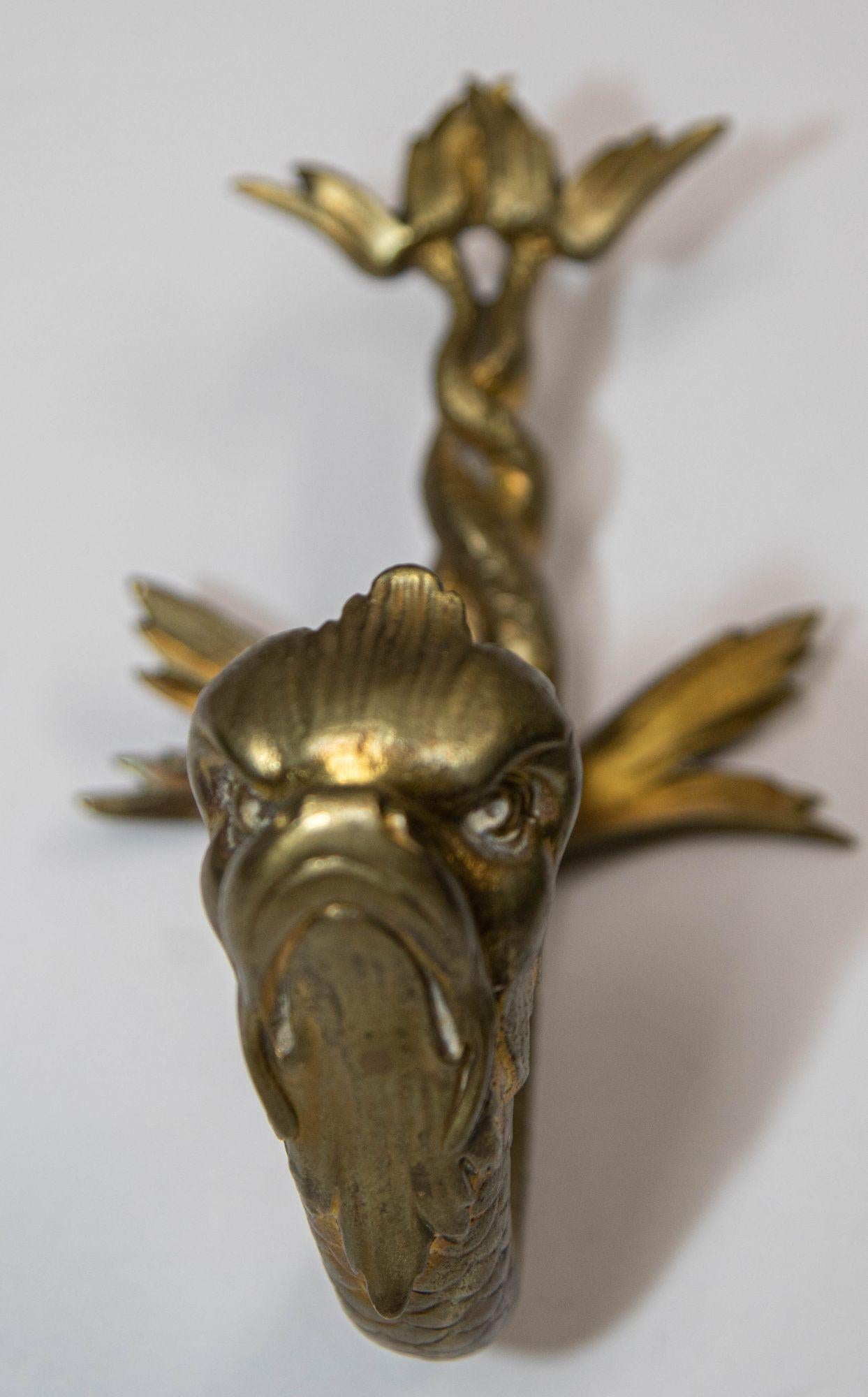 Antique Cast Brass Maltese Dolphin Fish or Asian Koi Wall Bracket Coat Hat Hook In Good Condition For Sale In North Hollywood, CA