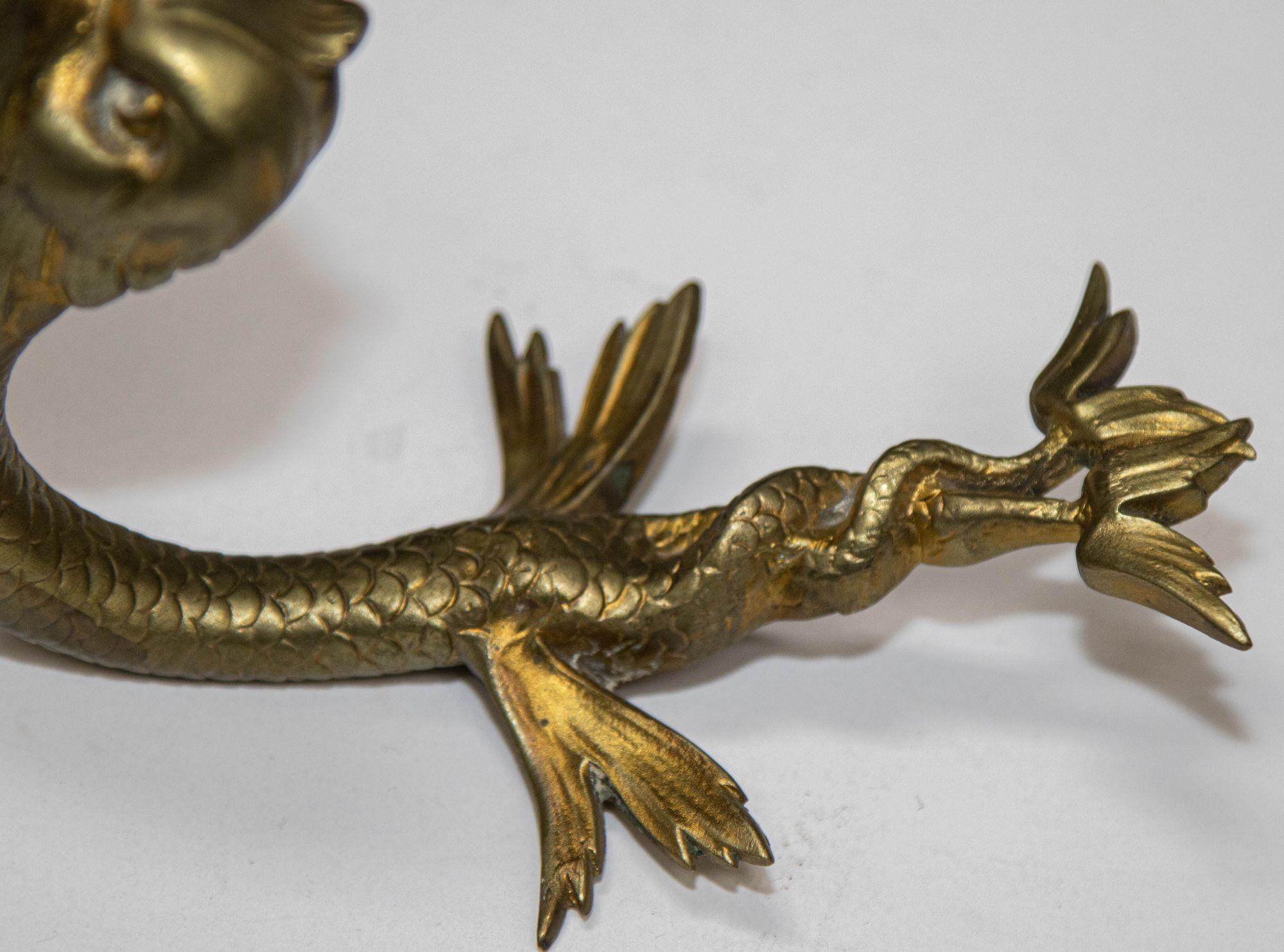 Antique Cast Brass Maltese Dolphin Fish or Asian Koi Wall Bracket Coat Hat Hook For Sale 1