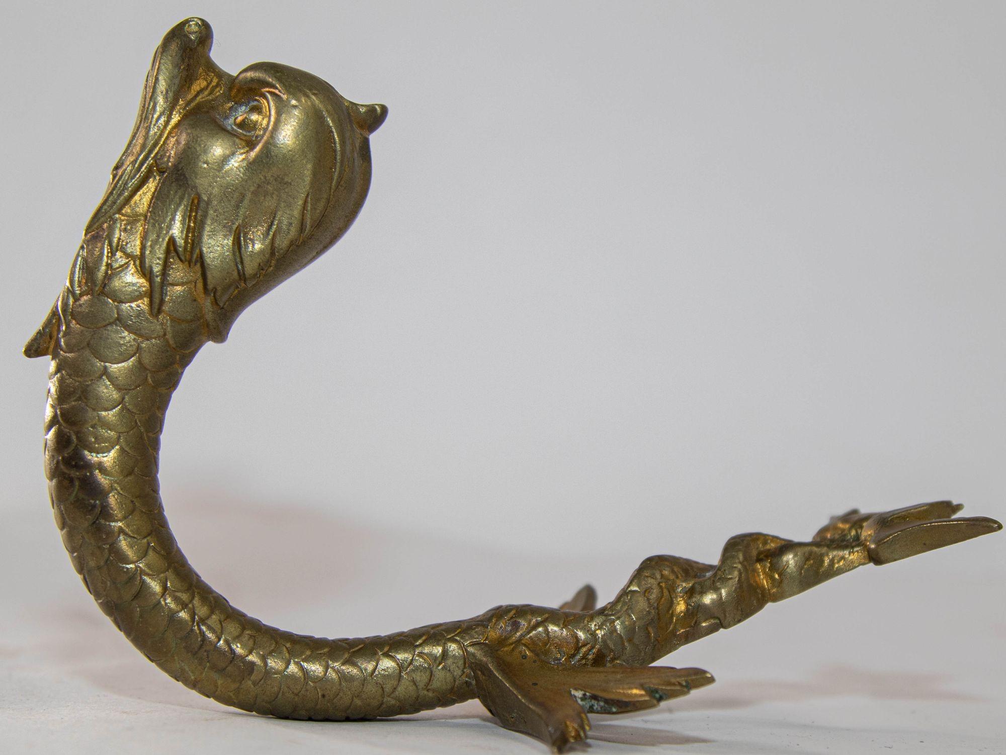 Antique Cast Brass Maltese Dolphin Fish or Asian Koi Wall Bracket Coat Hat Hook For Sale 3
