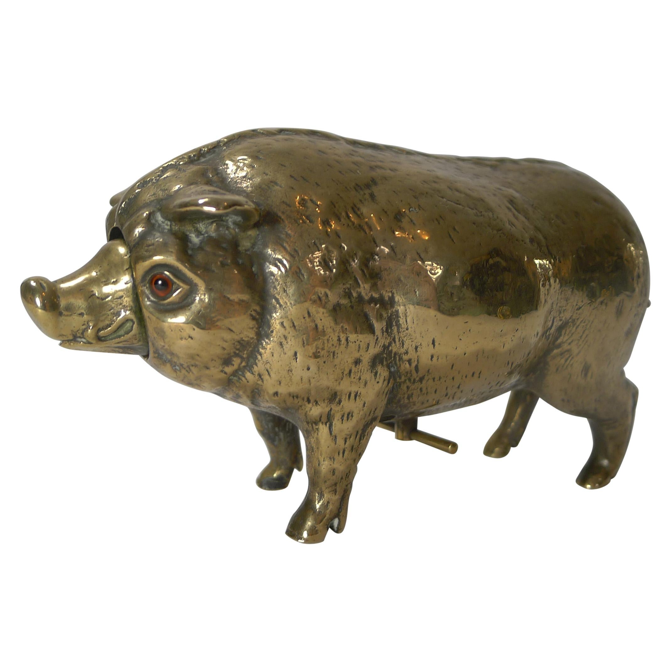 Antique Cast Brass or Polished Bronze Novelty Mechanical Desk Bell, Pig