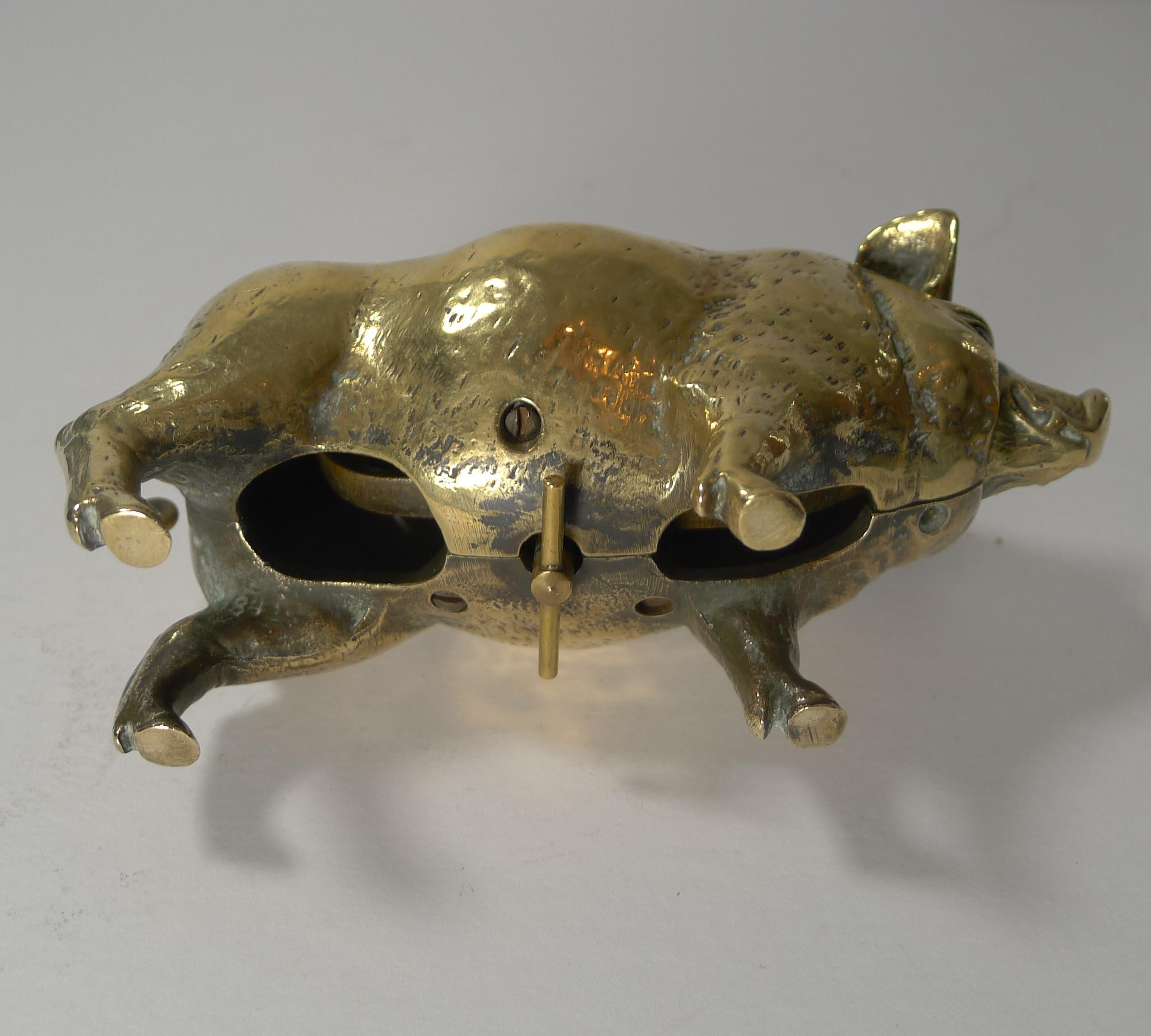 Late Victorian Antique Cast Brass or Polished Bronze Novelty Mechanical Desk Bell, Pig