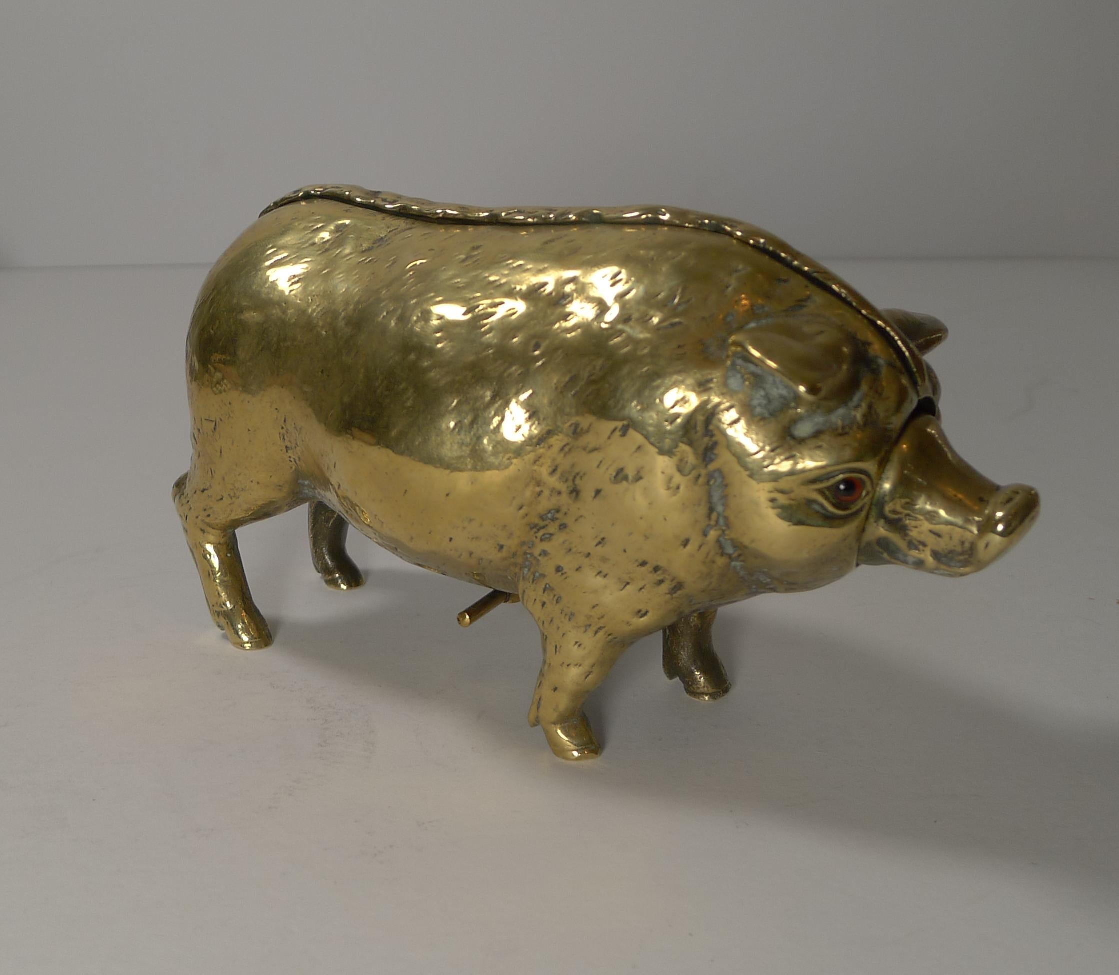 German Antique Cast Brass or Polished Bronze Novelty Mechanical Desk Bell, Pig