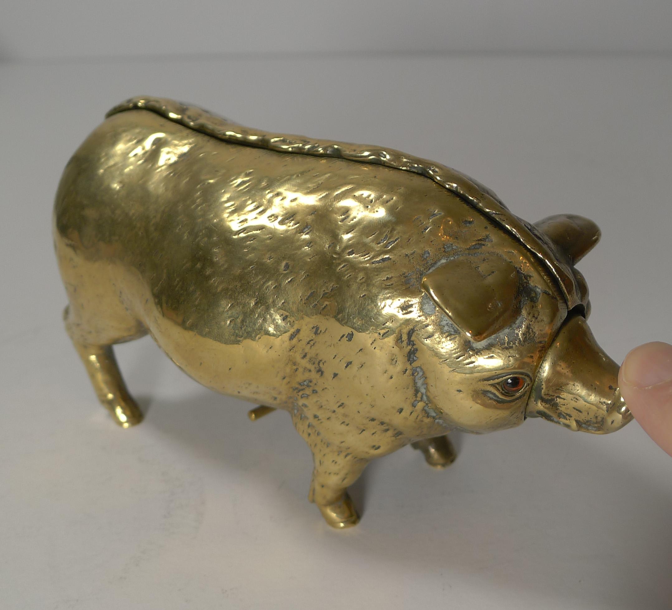 Antique Cast Brass or Polished Bronze Novelty Mechanical Desk Bell, Pig In Good Condition In Bath, GB