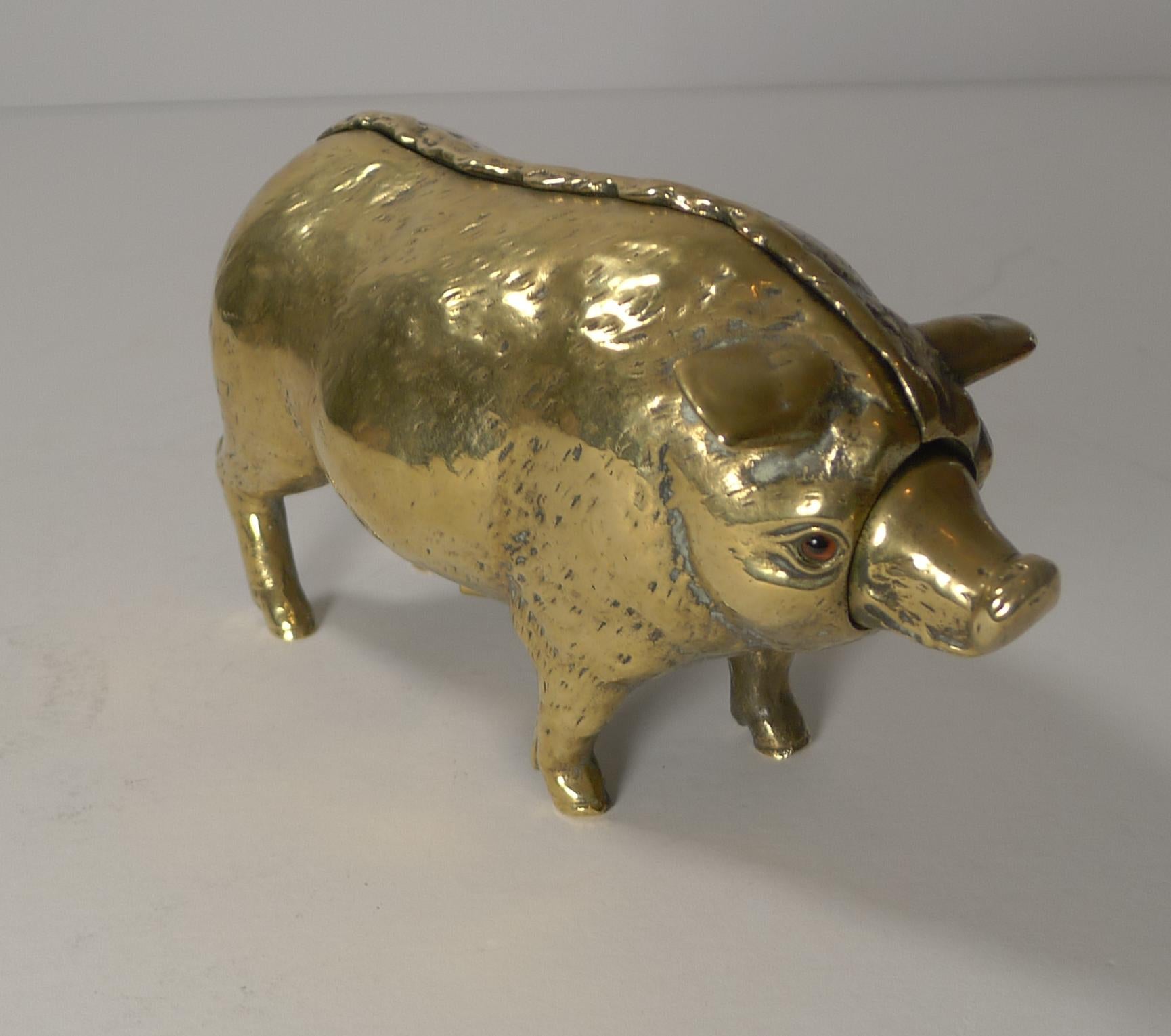 Late 19th Century Antique Cast Brass or Polished Bronze Novelty Mechanical Desk Bell, Pig