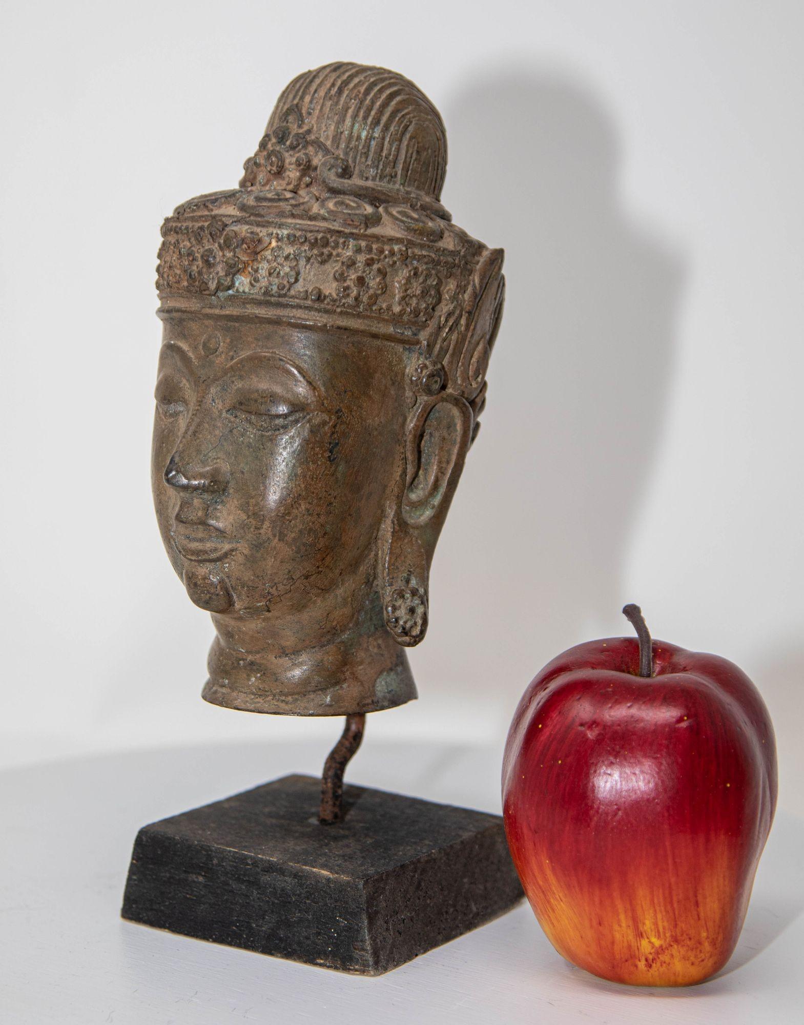 Antique Cast Bronze Buddha Head on Stand 19th C. 4
