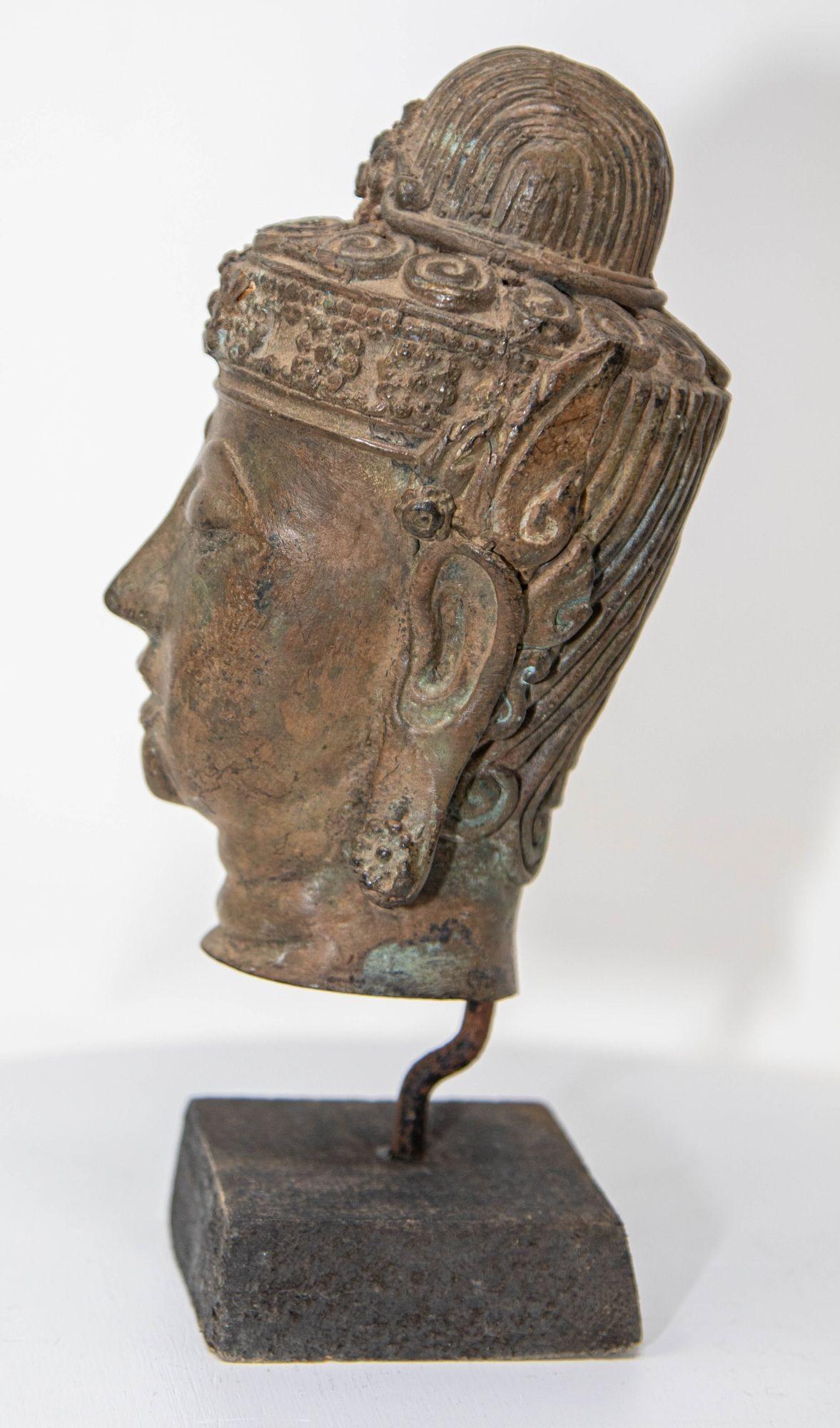 Antique Cast Bronze Buddha Head on Stand 19th C. 5
