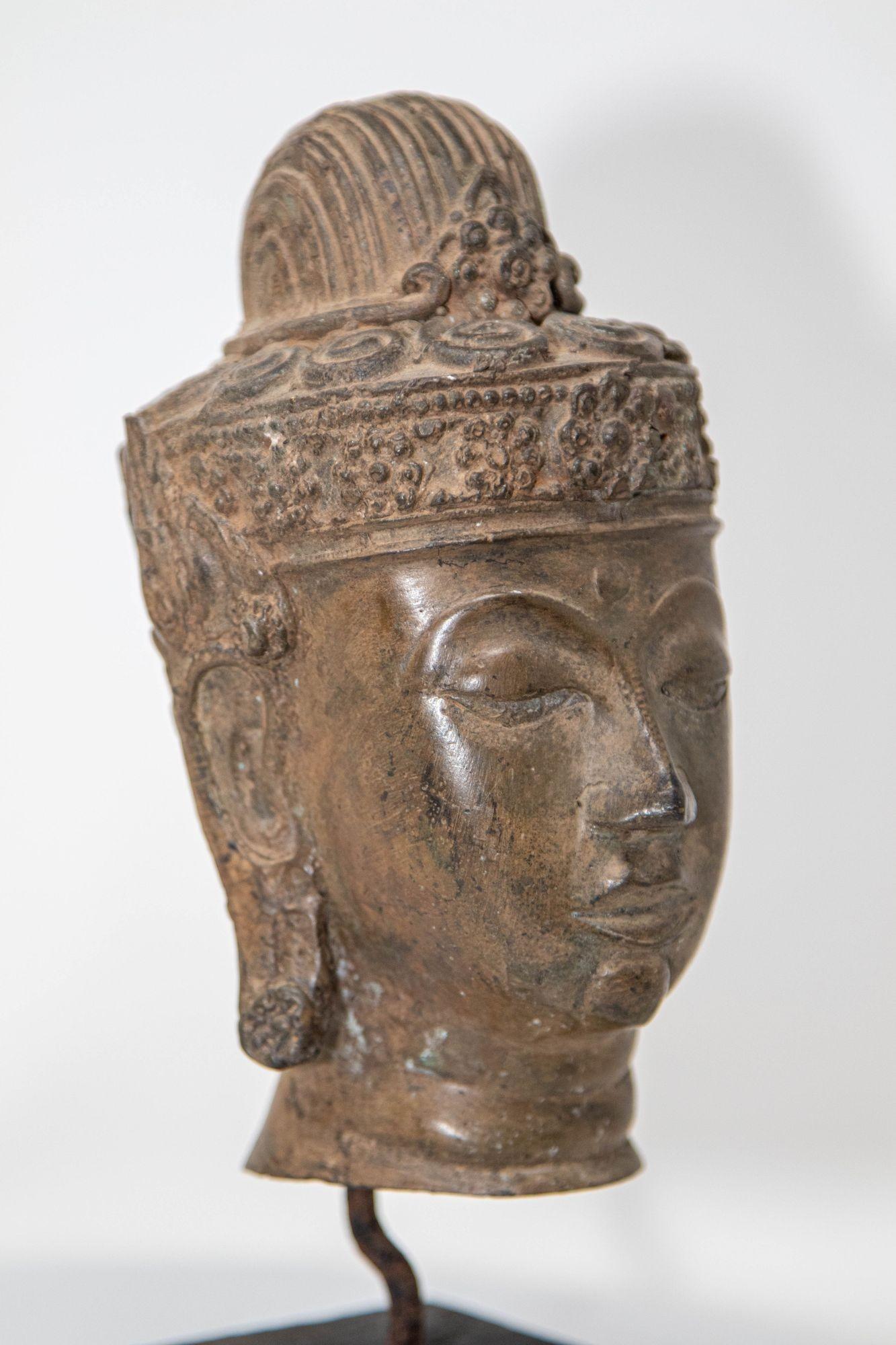Antique Cast Bronze Buddha Head on Stand 19th C. 6
