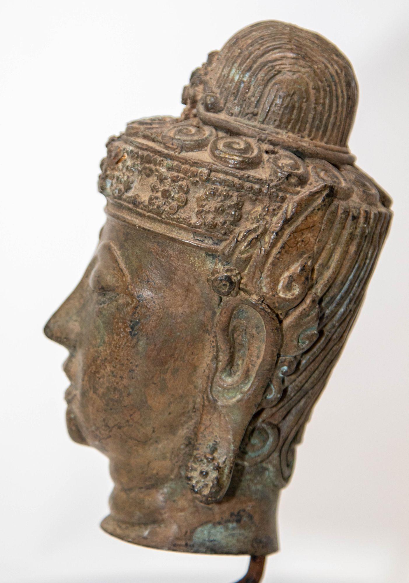 Antique Cast Bronze Buddha Head on Stand 19th C. 7