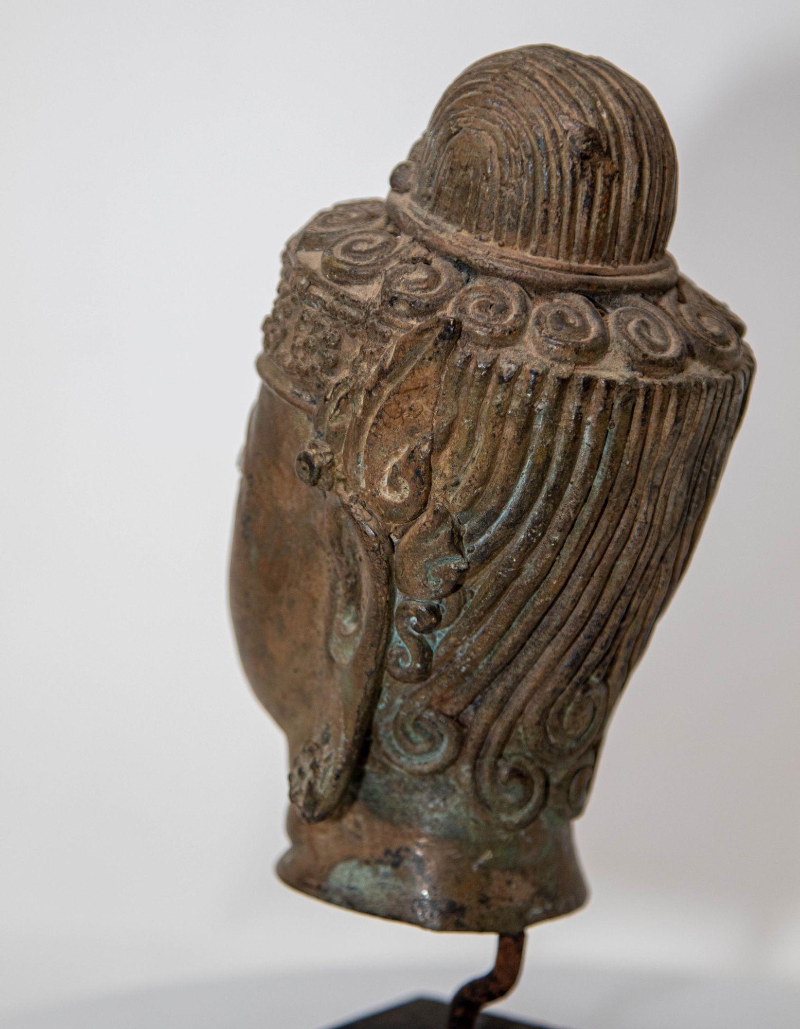 Antique Cast Bronze Buddha Head on Stand 19th C. 8