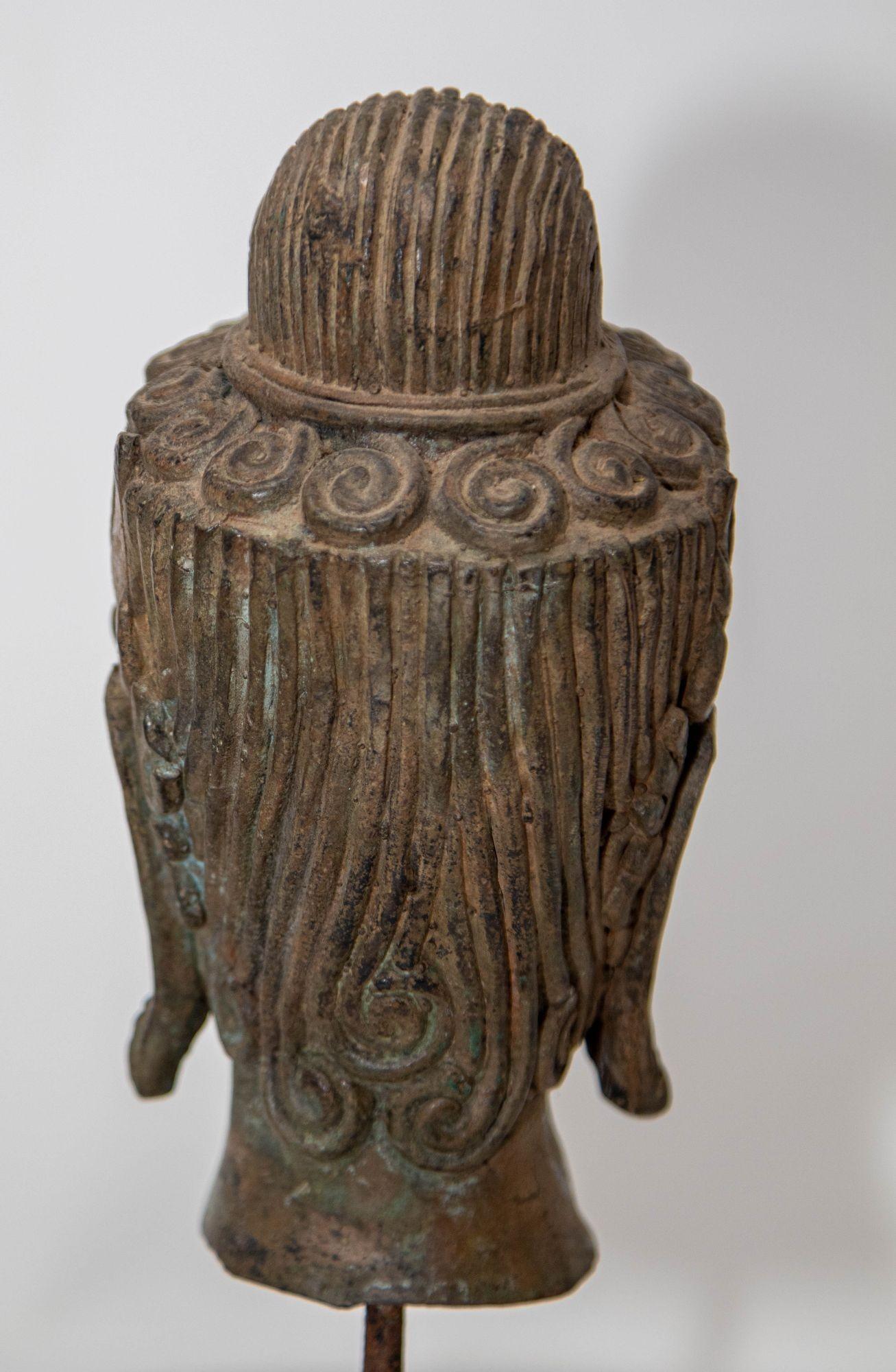 Antique Cast Bronze Buddha Head on Stand 19th C. 9